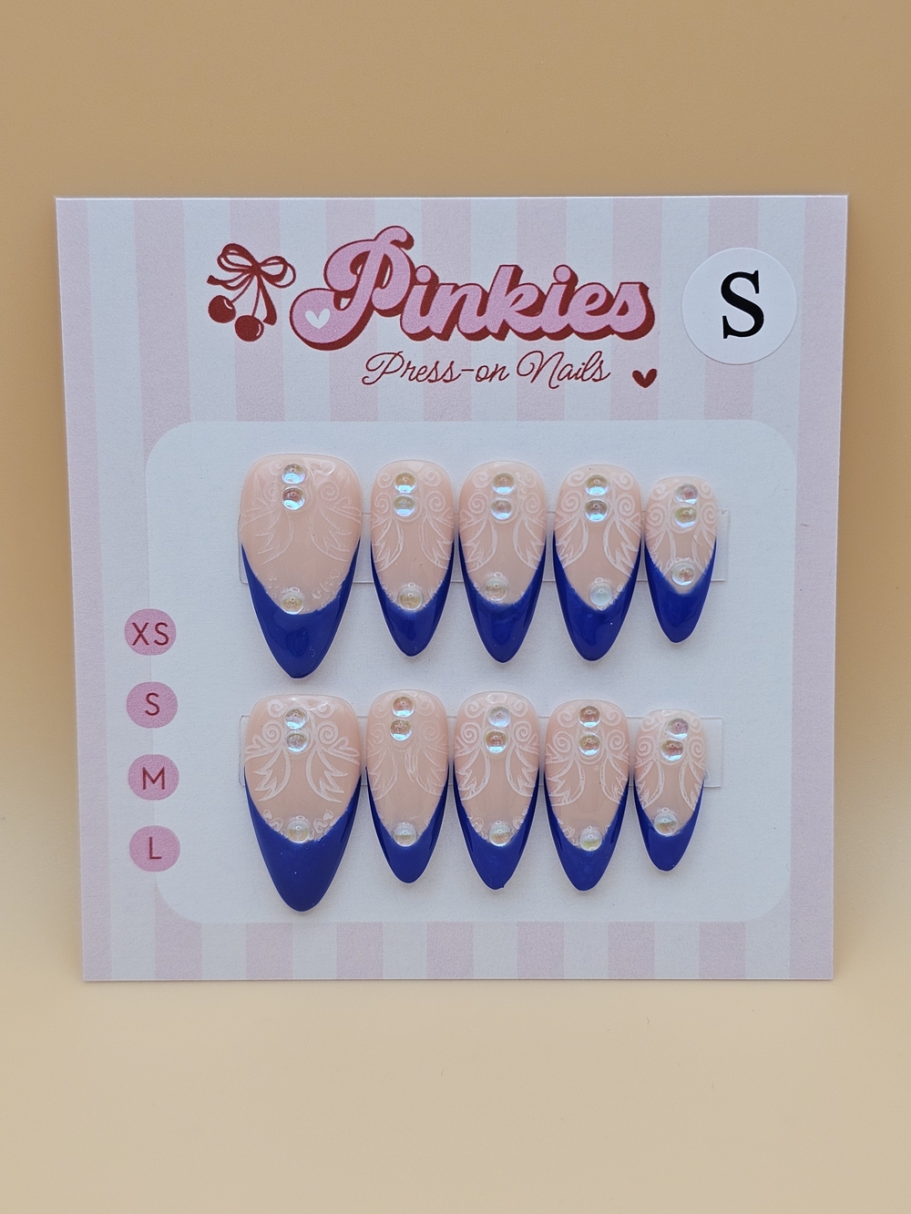 Press-on Nails Set 10pc Size S Almond Navy Blue French Tips Floral Lace Gel
